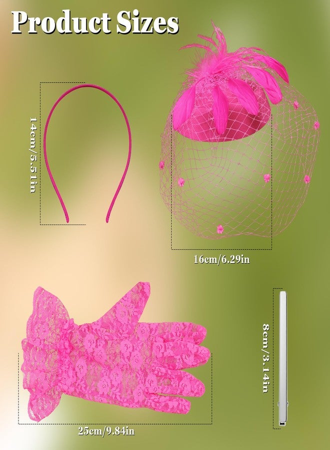 LOREMOW Fascinator for Women 20s 50s Hat with Veil Mesh Feathers Tea Party Hair Clip Fascinator and Lace Glove Hot Pink - Image 3